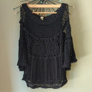 XCVI Black Layered Loose Knitted Crochet Boho Beachy Top Large Lagenlook Grunge